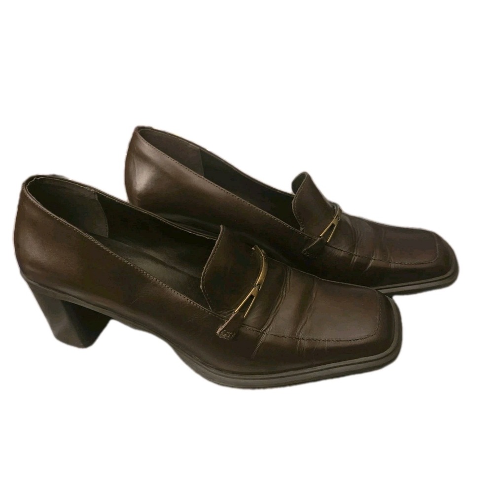Danelle Womens Brown Leather Loafer Pumps Size 10M Block Heel Comfort Shoes